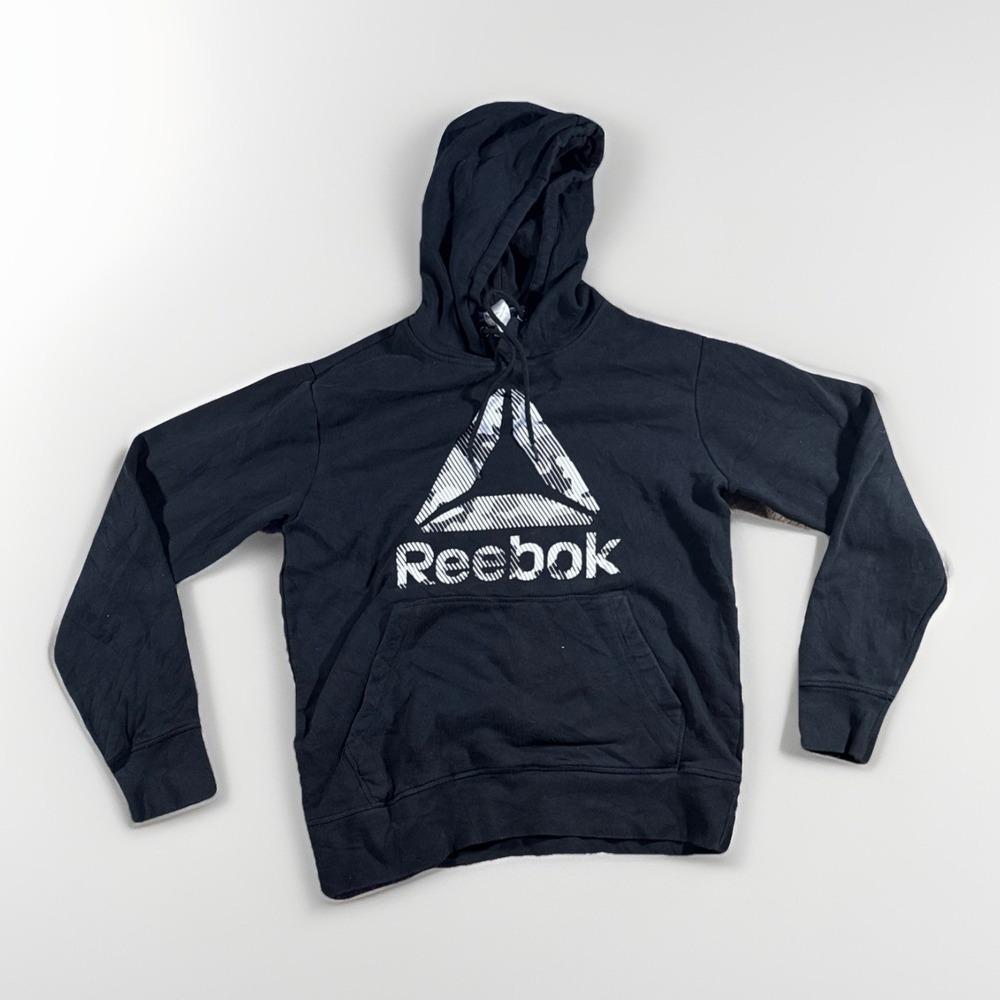 Reebok Pullover Hoodie Small Mens Drawcord Camo Logo Pocket Sweatshirt Black